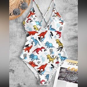 Zaful White Yellow Blue Dinosaur Print Strappy‎ Back One Piece Swimsuit NWT 8